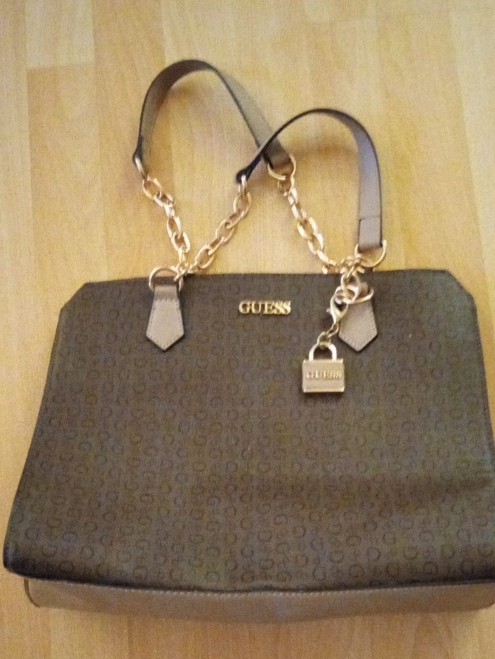 GUESS Brown Logo Tote with Gold Chain Handles & Key Chain
